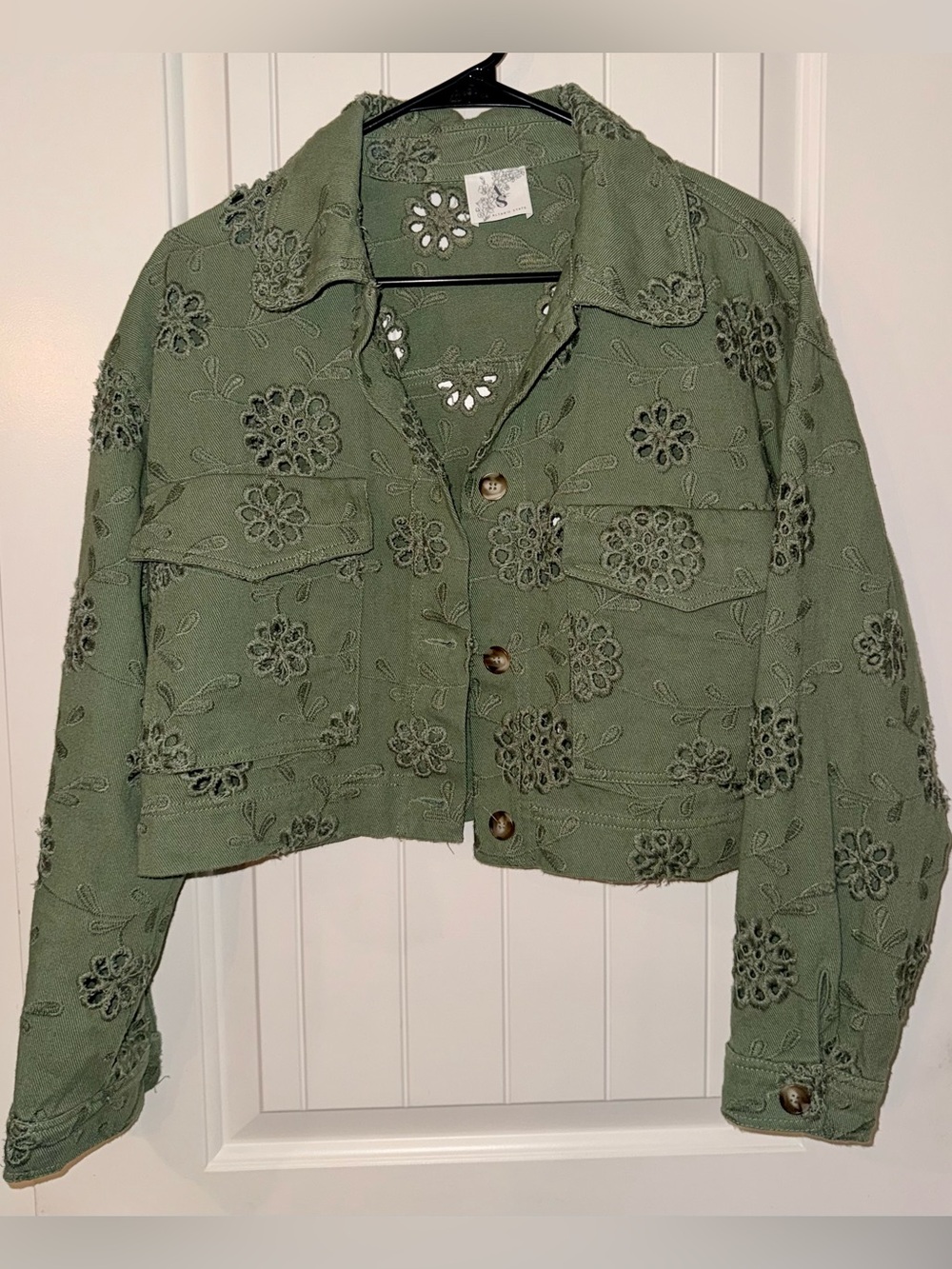 NWT Altar'd State Olive Green Floral Embroidered Eyelet Crop Jacket